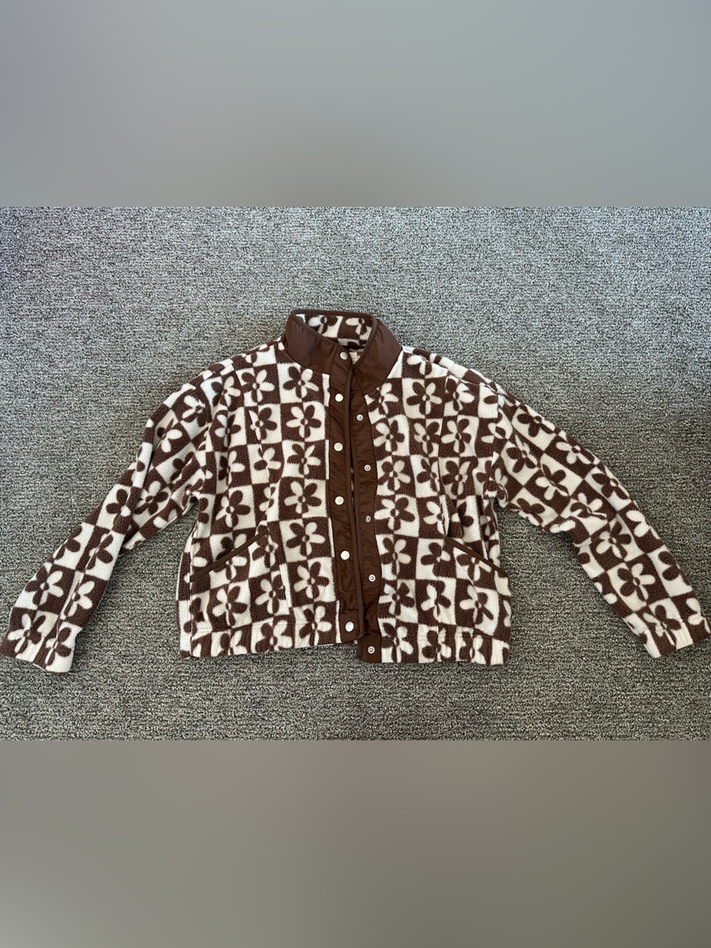 Thread & Supply Brown and White Floral-Check Fleece Snap Jacket